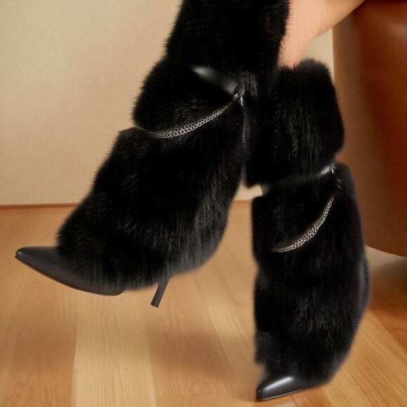 Women's Pointed Toe Stiletto Heels Fluffy Fur Boots Fashion Y2K Halloween Party - Picture 5 of 5